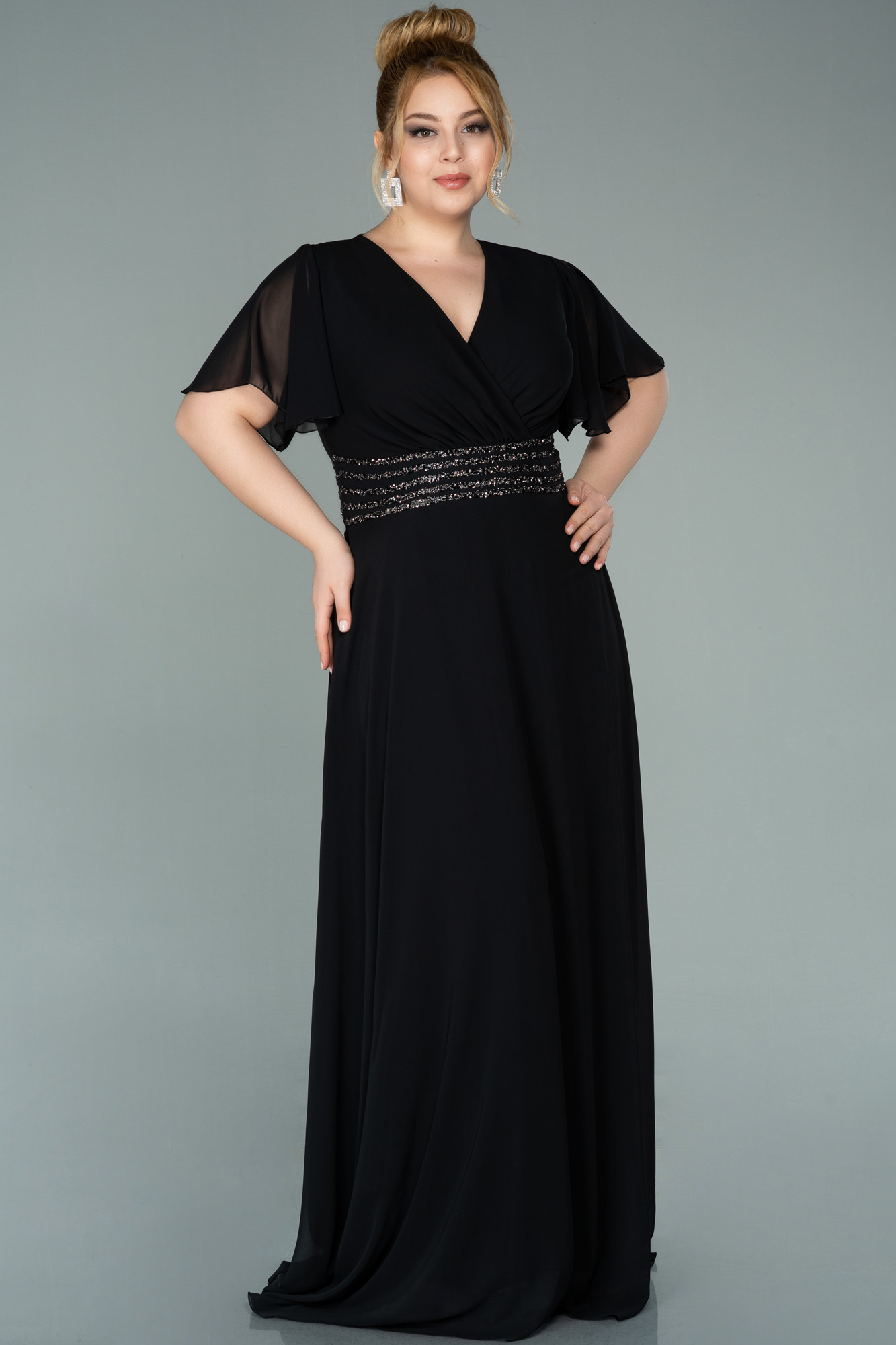 Robe de Soirée Grande Taille Longue Mousseline Noir ABU2179 Abiyefon