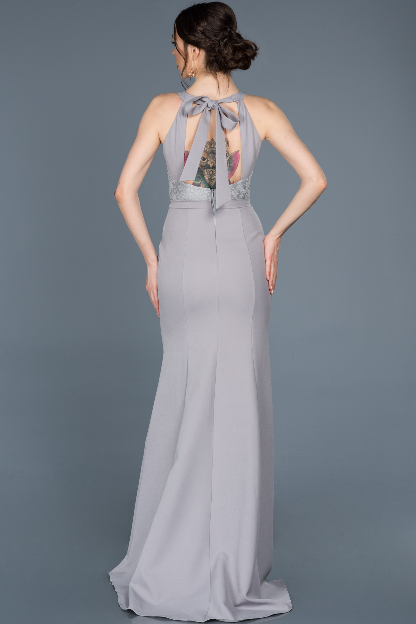 Robe grise élégante femme longue bicolore chic pour bureau et soirée