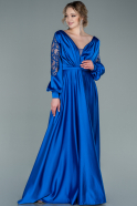 Robe de Soirée Longue Satin Bleu Saxe ABU2348