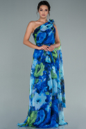 Robe de Soirée Longue Mousseline Bleu fleuri ABU2492