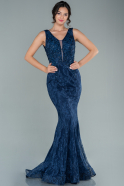 Robe de Soirée Longue Dantelle Bleu Marine ABU2567