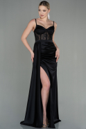 Siyah Transparan Taşlı Uzun Saten Abiye Elbise ABU2130