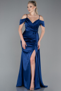 Robe de Soirée Longue Satin Bleu Marine ABU3249