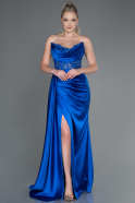 Robe de Soirée Longue Satin Bleu Saxe ABU3896