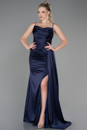 Robe de Soirée Longue Satin Bleu Marine ABU3267