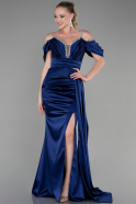 Robe de Soirée Longue Satin Bleu Marine ABU3398