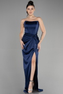 Robe de Soirée Longue Satin Bleu Marine ABU3474