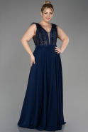 Robe De Fiançailles Grande Taille Longue Mousseline Bleu Marine ABU3858