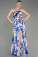 Robe de Soirée Longue Mousseline Bleu Saxe ABU3878