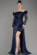 Robe de Soirée Longue Satin Bleu Marine ABU3867