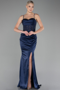 Robe de Soirée Longue Satin Bleu Marine ABU4068