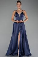 Robe de Soirée Longue Satin Bleu Marine ABU4087