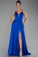 Robe de Soirée Longue Satin Bleu Saxe ABU4087