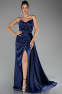 Robe de Soirée Longue Satin Bleu Marine ABU4093