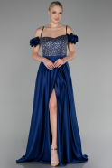 Robe de Soirée Longue Satin Bleu Marine ABU4126