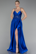 Robe de Soirée Longue Satin Bleu Saxe ABU4133