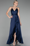 Robe de Soirée Devant Court Dos Long Satin Bleu Marine ABO109