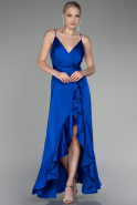 Robe de Soirée Devant Court Dos Long Satin Bleu Saxe ABO109