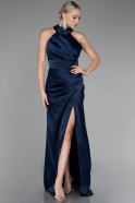 Robe de Soirée Longue Satin Bleu Marine ABU4109