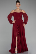 Robe De Soirée Mousseline Longue Rouge Bordeaux ABU3914