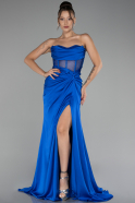 Robe de Soirée Longue Satin Bleu Saxe ABU4155