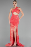 Robe De Soirée Squameuse Longue Corail ABU3164