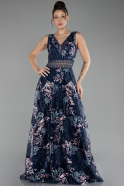 Robe de Soirée Longue Lacé Bleu Marine ABU4244