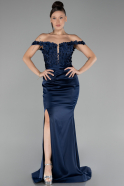 Robe de Soirée Longue Satin Bleu Marine ABU4264