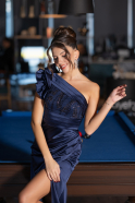 Robe de Soirée Longue Satin Bleu Marine ABU4325