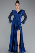 Robe de Soirée Longue Satin Bleu Saxe ABU4399