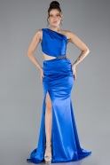 Robe de Soirée Longue Satin Bleu Saxe ABU4409