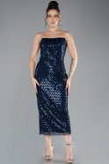 Robe de Cérémonie Midi Pierreux Bleu Marine ABK2176