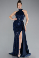 Robe De Soirée Squameuse Longue Bleu Marine ABU3888