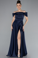 Robe de Soirée Longue Satin Bleu Marine ABU4531