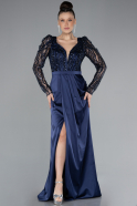 Robe de Soirée Longue Satin Bleu Marine ABU4499