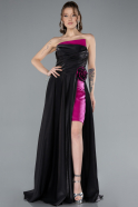 Robe de Soirée Longue Satin Fuchsia-Black ABU4705