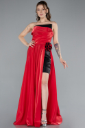 Robe de Soirée Longue Satin Noir-Rouge ABU4705