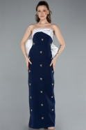 Robe de Soirée Longue Bleu Marine-Blanc ABU4716