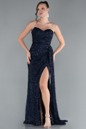 Robe de Soirée Longue Perlé Bleu Marine ABU4725