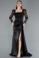 Robe de Soirée Longue Satin Noir ABU4781