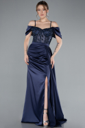 Robe de Soirée Longue Satin Bleu Marine ABU4801