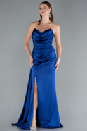 Robe de Soirée Longue Satin Bleu Saxe ABU4841