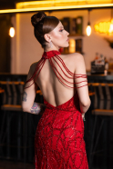Robe de Soirée Longue Perlé Rouge ABU4912