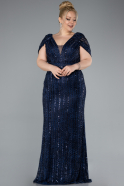 Robe De Fiançailles Grande Taille Longue Dantelle Bleu Marine ABU4948