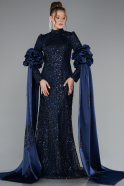 Tenue de Soirée Voilée Longue Perlé Bleu Marine ABU4992