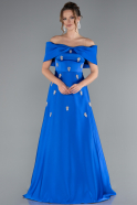 Robe de Soirée Longue Satin Bleu Saxe ABU5015