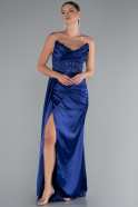 Robe De Soirée Satin Longue Bleu Marine ABU6141