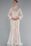 Tenue de Soirée Voilée Longue Perlé Beige ABU5056