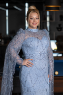Robe De Fiançailles Grande Taille Longue Perlé Bleu clair ABU5153