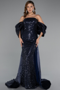 Robe de Soirée Longue Perlé Bleu Marine ABU5169